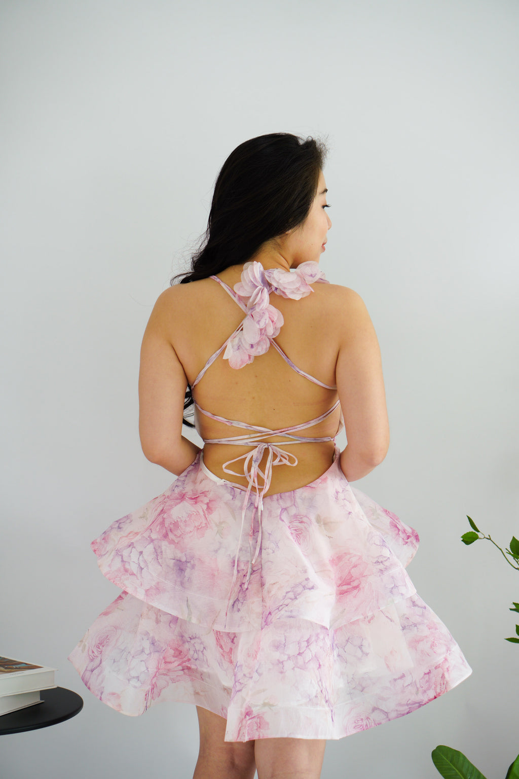 Blosselle Floral Ruffles Layered Crossback Dress in Pink Purple