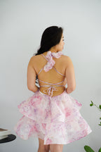 Blosselle Floral Ruffles Layered Crossback Dress in Pink Purple
