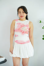 Liliana Floral High Neck Ruched Top in White and Pink Green