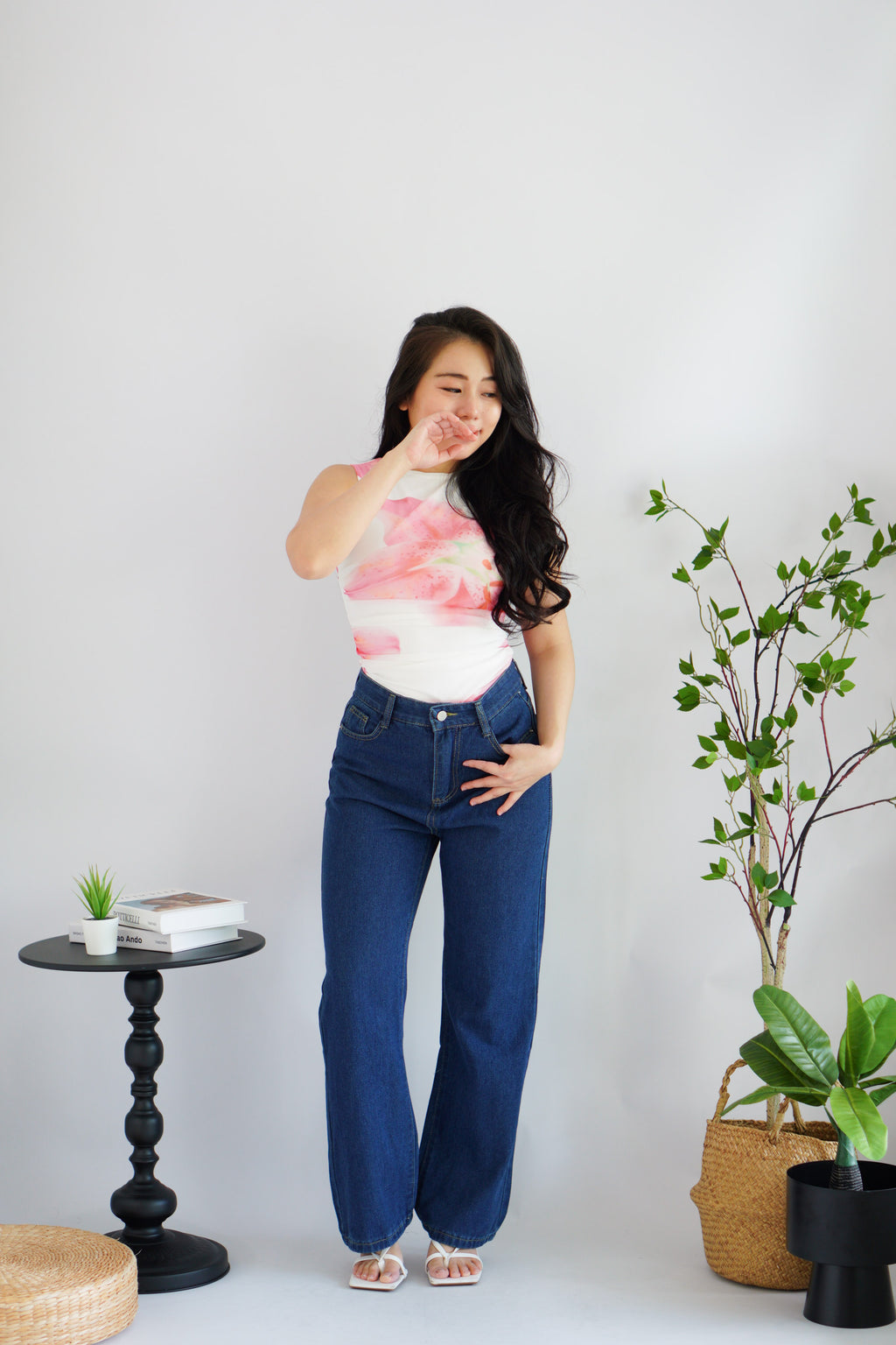 Liliana Floral High Neck Ruched Top in White and Pink Green