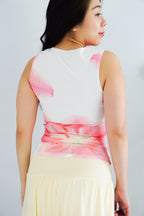 Liliana Floral High Neck Ruched Top in White and Pink Green