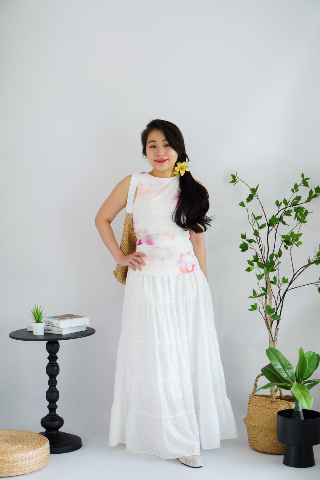 Orchia Floral High Neck Ruched Top in White and Purple