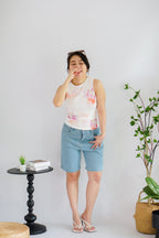 Orchia Floral High Neck Ruched Top in White and Purple