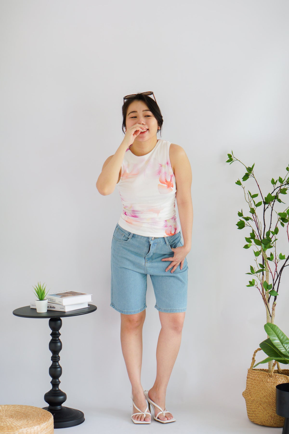 Orchia Floral High Neck Ruched Top in White and Purple