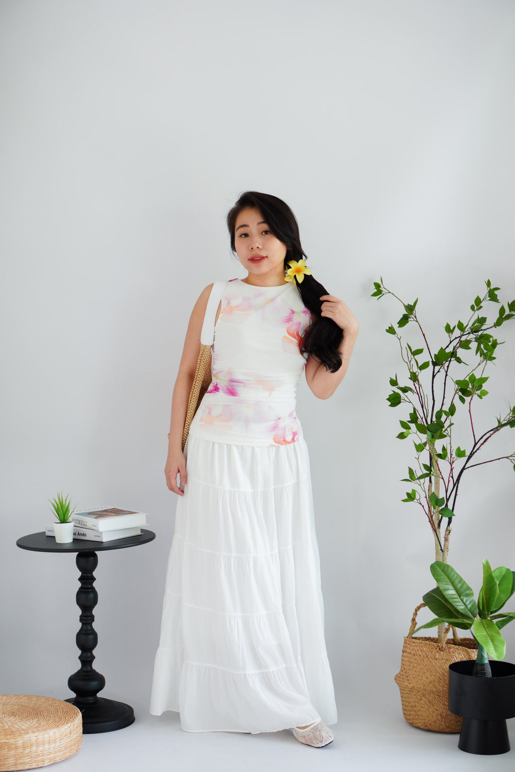 Orchia Floral High Neck Ruched Top in White and Purple