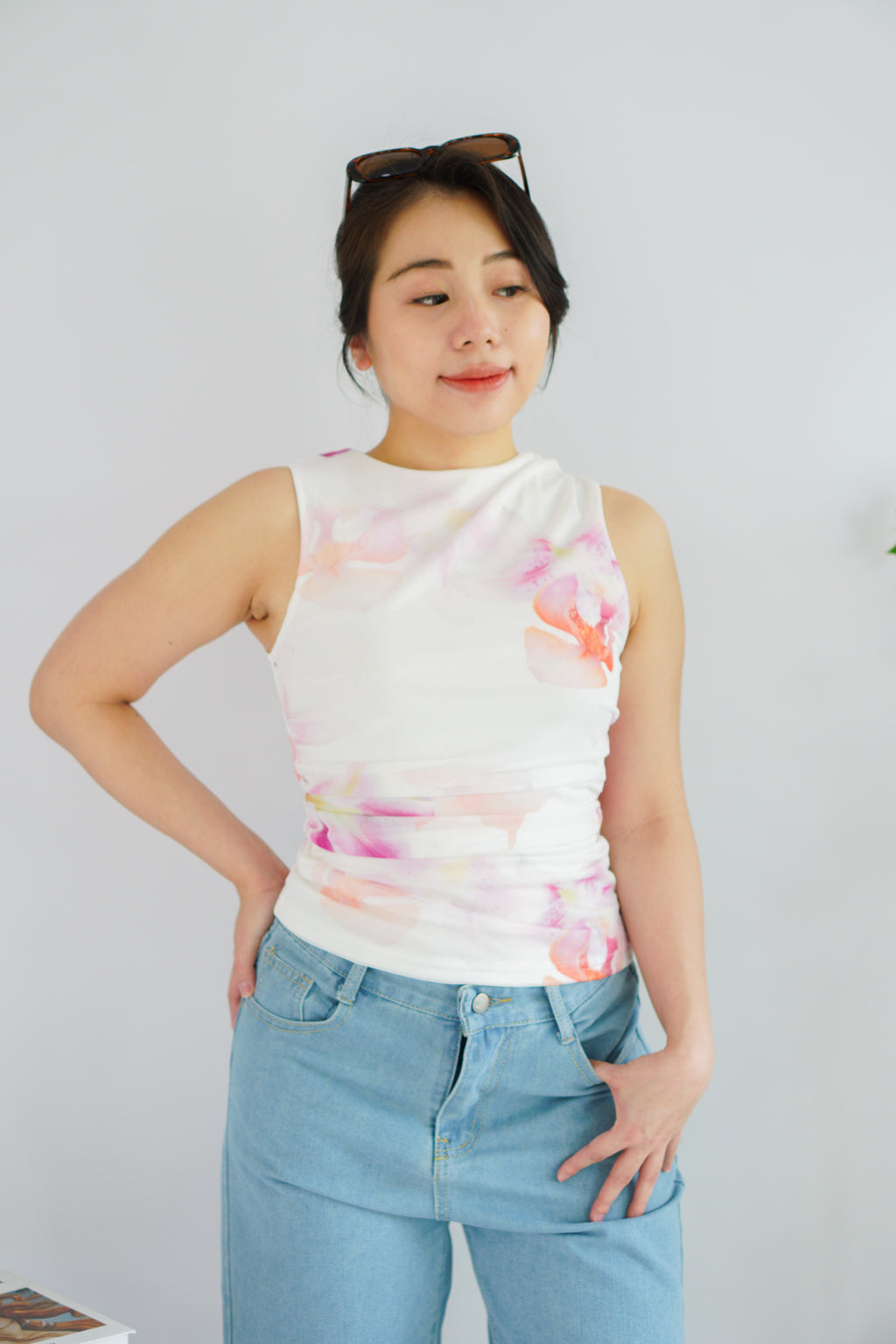 Orchia Floral High Neck Ruched Top in White and Purple