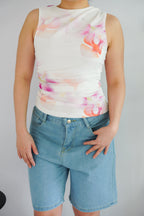 Orchia Floral High Neck Ruched Top in White and Purple