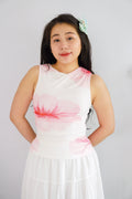 Hibiski Floral High Neck Ruched Top in White and Pink
