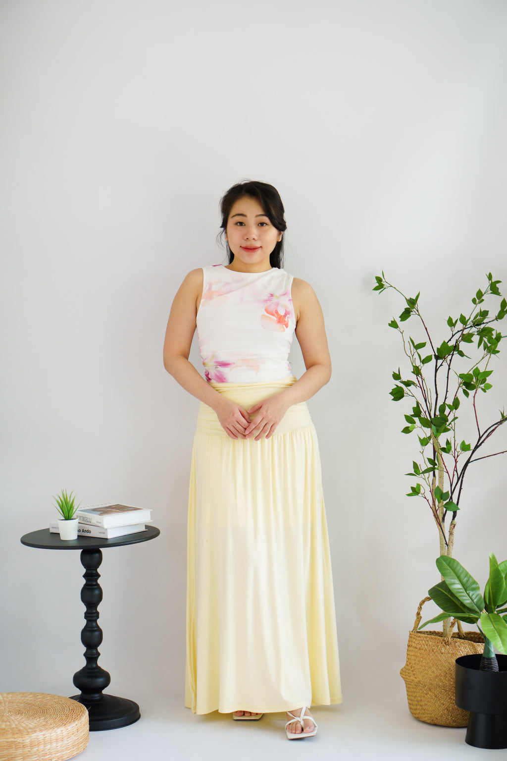 Orchia Floral High Neck Ruched Top in White and Purple