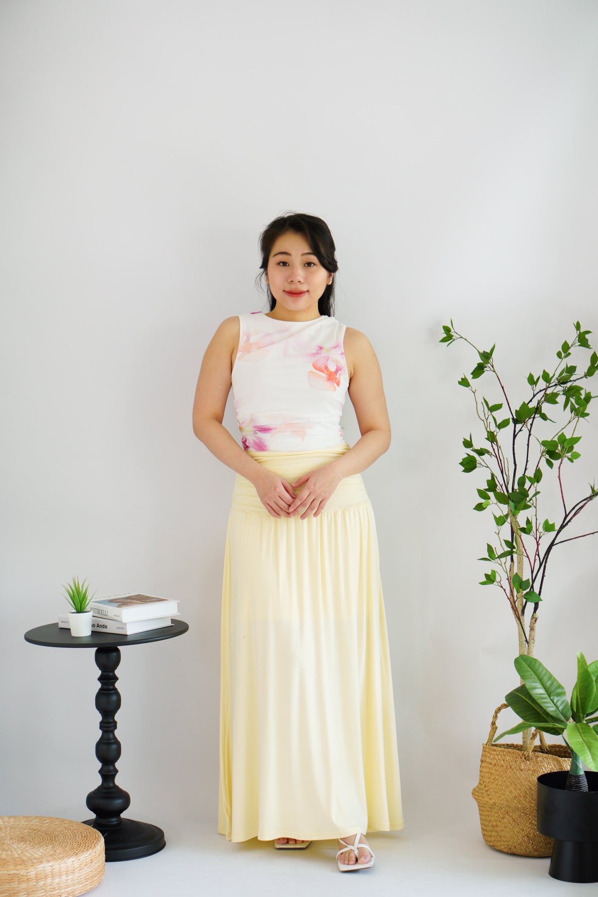 Orchia Floral High Neck Ruched Top in White and Purple