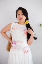 Orchia Floral High Neck Ruched Top in White and Purple