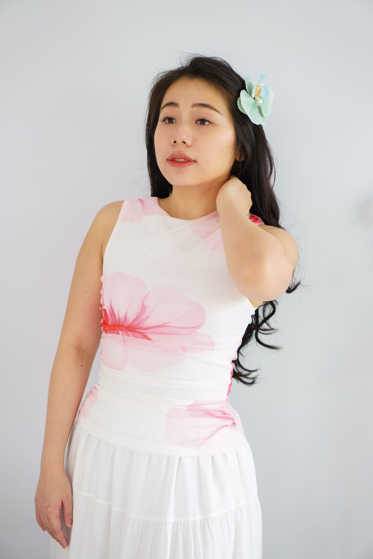 Hibiski Floral High Neck Ruched Top in White and Pink