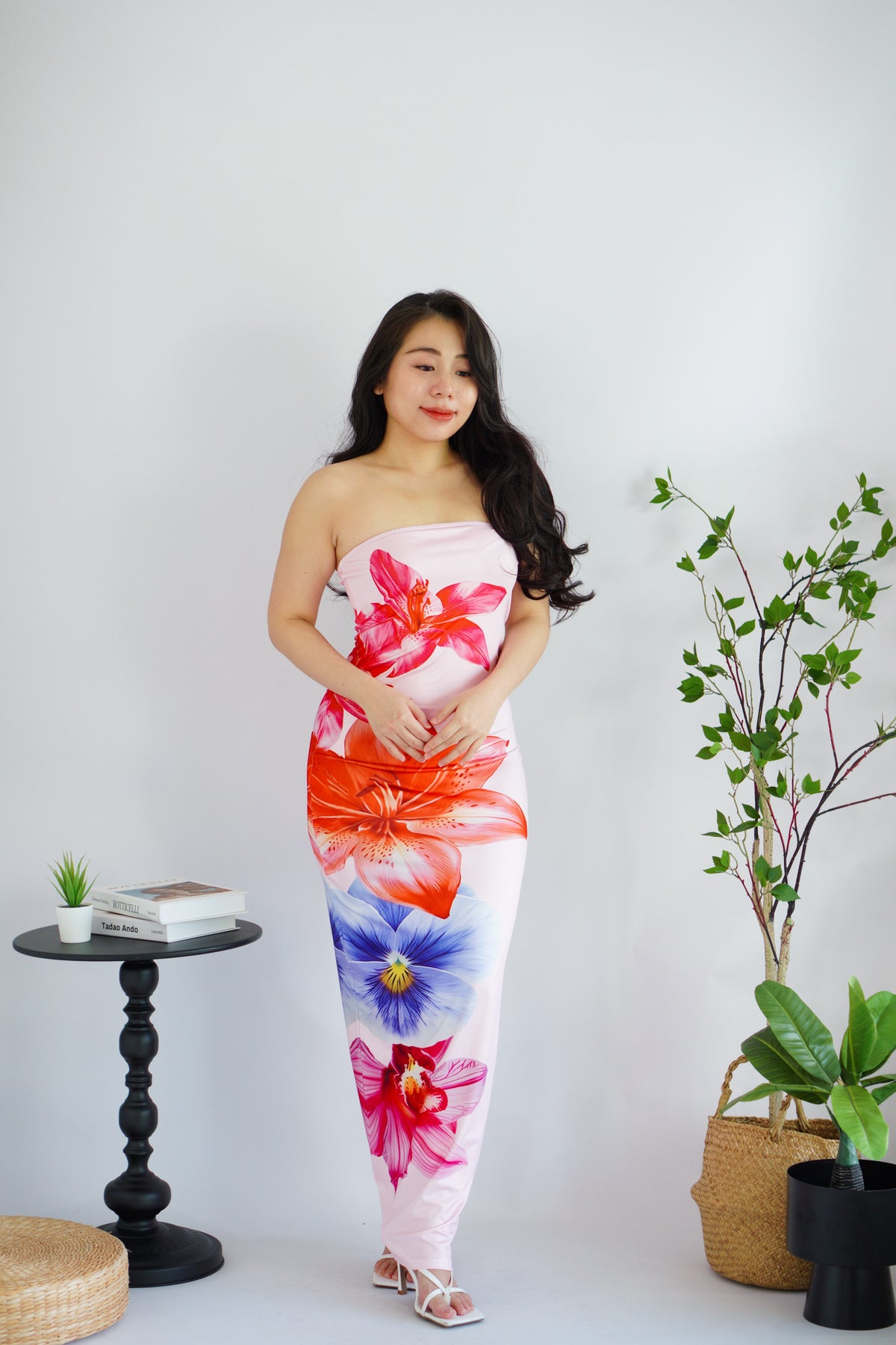 Faylora Floral Printed Maxi Tube Bodycon Dress in Pink