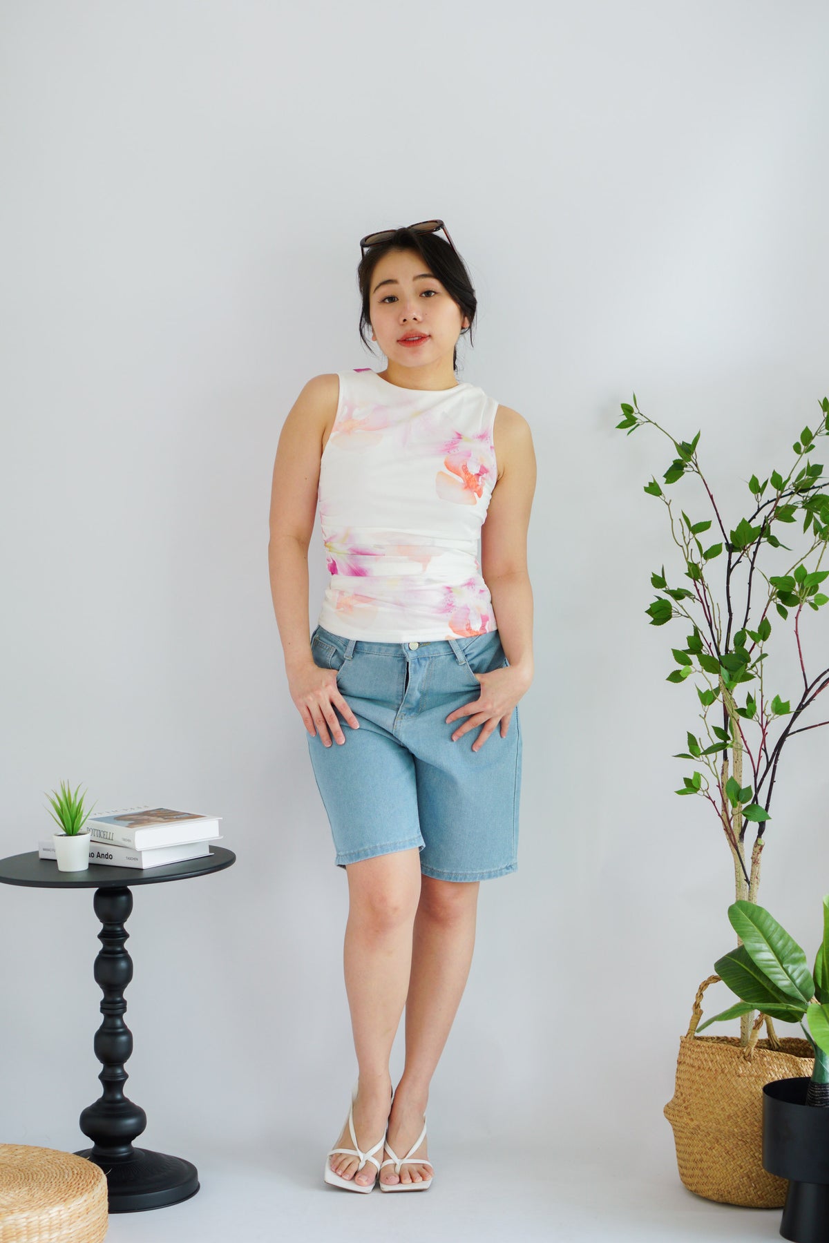 Orchia Floral High Neck Ruched Top in White and Purple