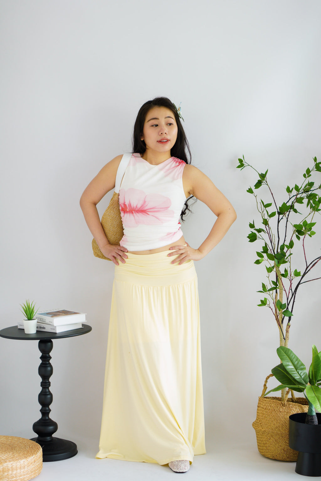 Hibiski Floral High Neck Ruched Top in White and Pink