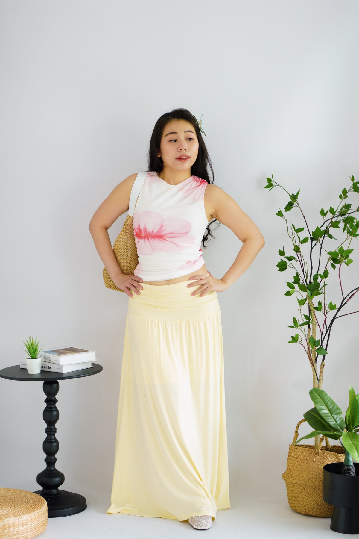Hibiski Floral High Neck Ruched Top in White and Pink