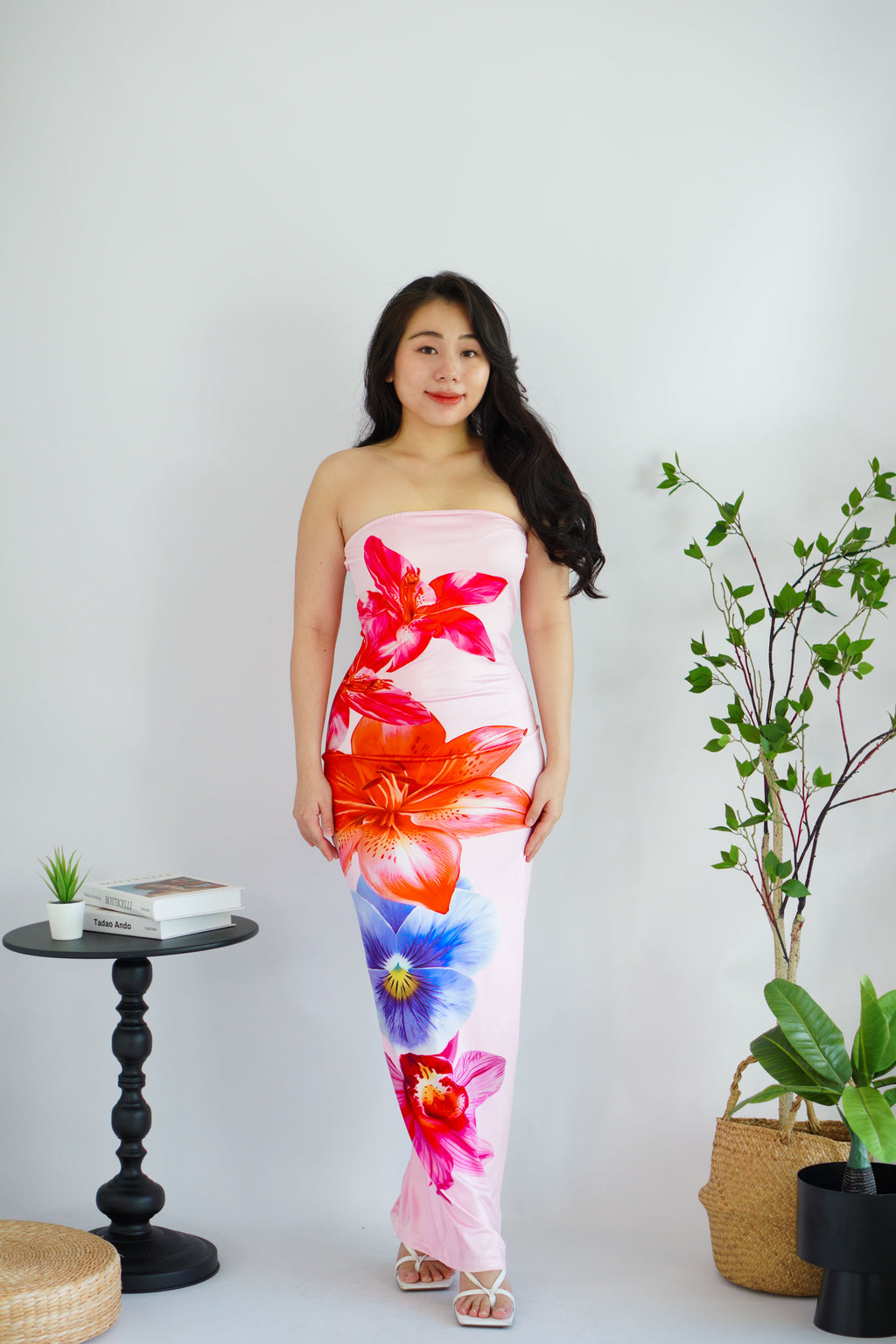 Faylora Floral Printed Maxi Tube Bodycon Dress in Pink