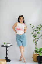 Hibiski Floral High Neck Ruched Top in White and Pink