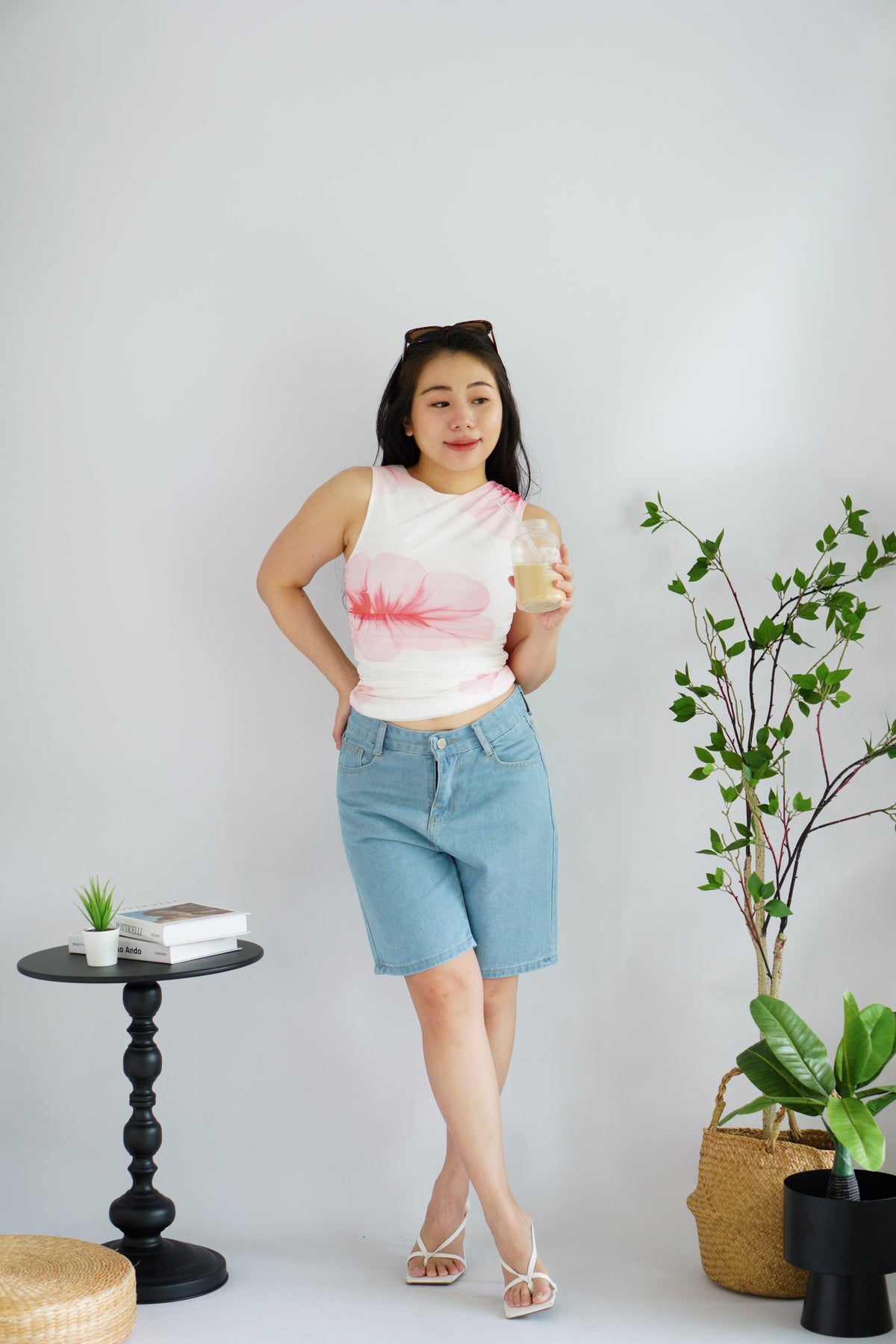 Hibiski Floral High Neck Ruched Top in White and Pink