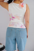 Orchia Floral High Neck Ruched Top in White and Purple