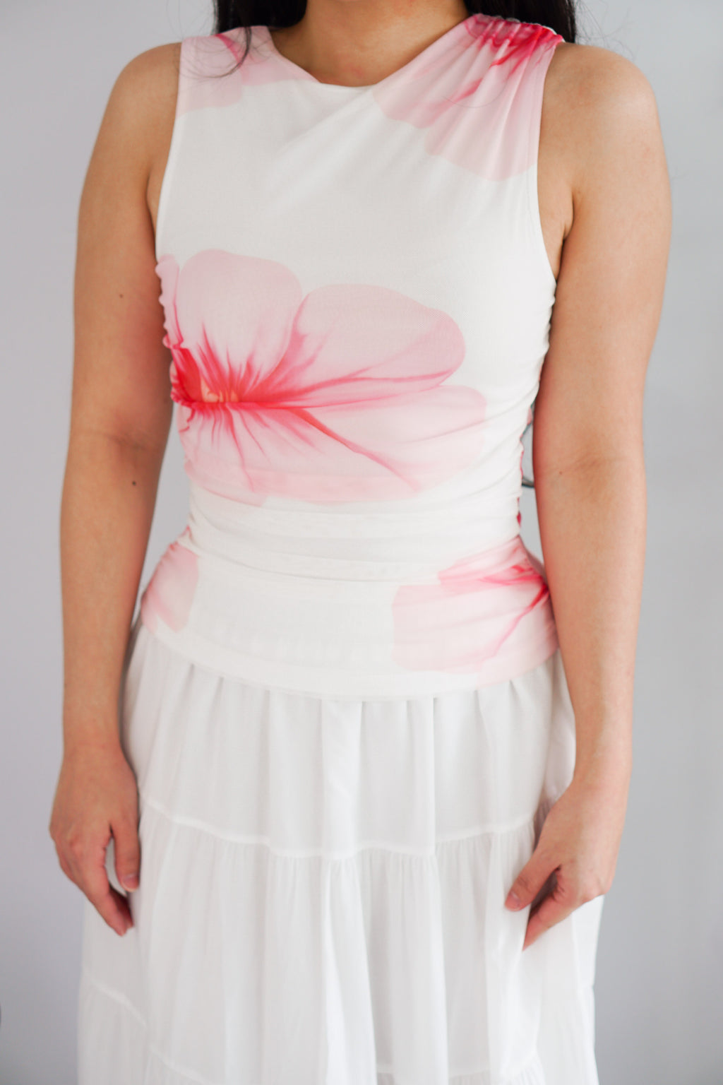 Hibiski Floral High Neck Ruched Top in White and Pink