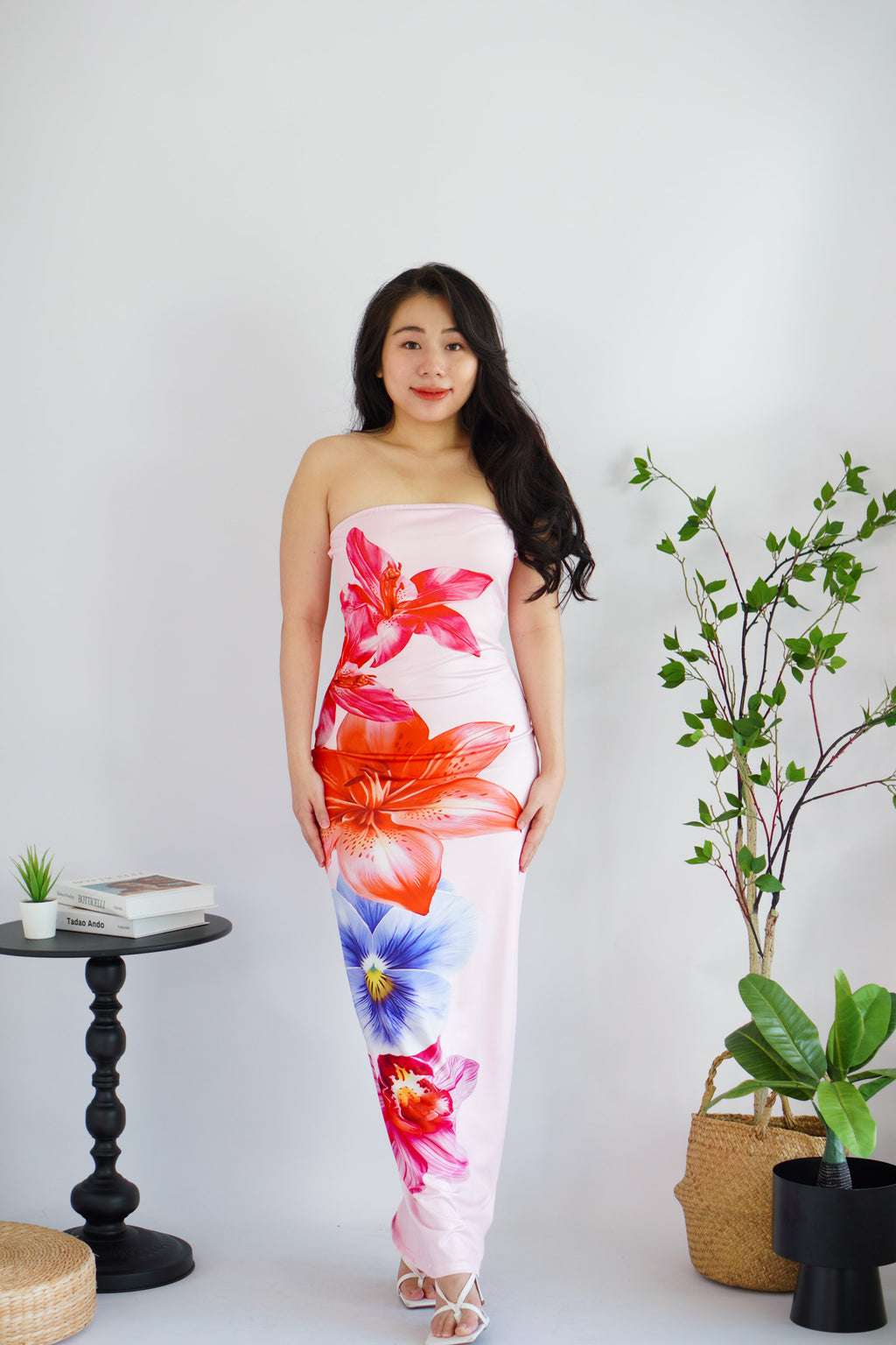 Faylora Floral Printed Maxi Tube Bodycon Dress in Pink