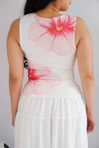 Hibiski Floral High Neck Ruched Top in White and Pink