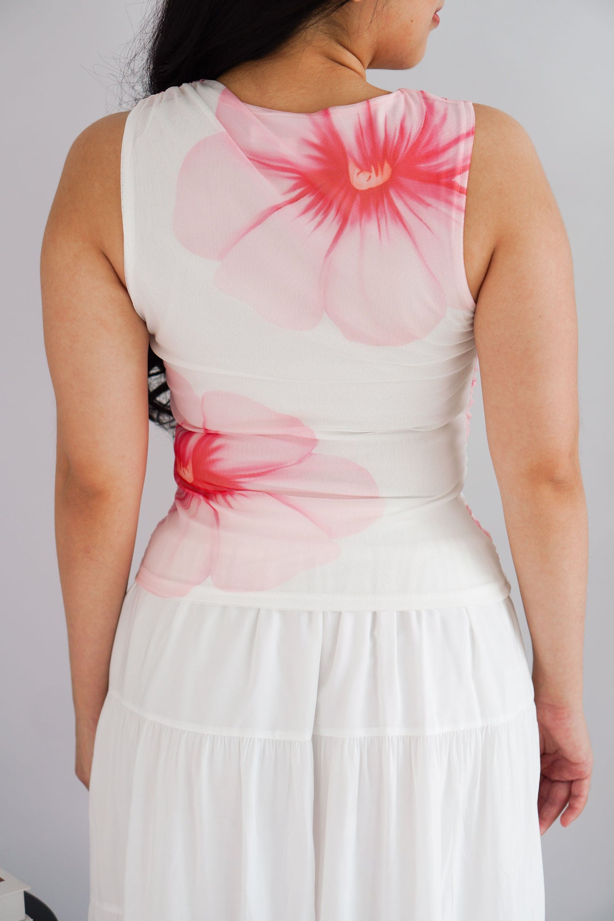 Hibiski Floral High Neck Ruched Top in White and Pink