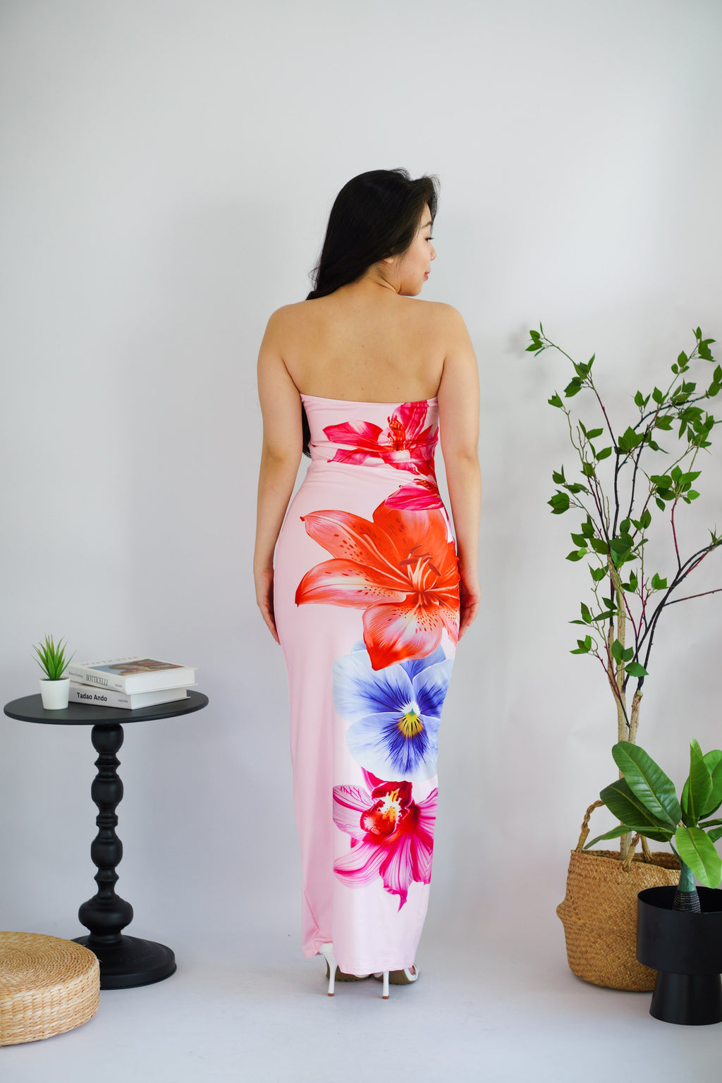 Faylora Floral Printed Maxi Tube Bodycon Dress in Pink