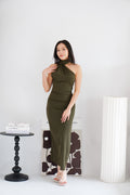 Halsie Toga Tie Neck Maxi Dress with Sash in Dark Green