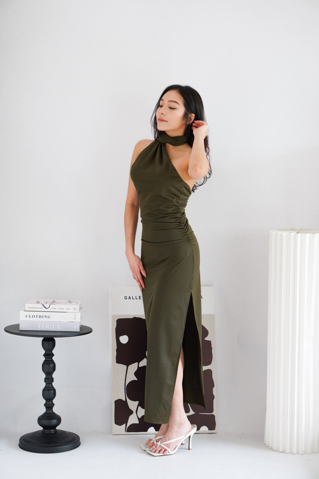 Halsie Toga Tie Neck Maxi Dress with Sash in Dark Green