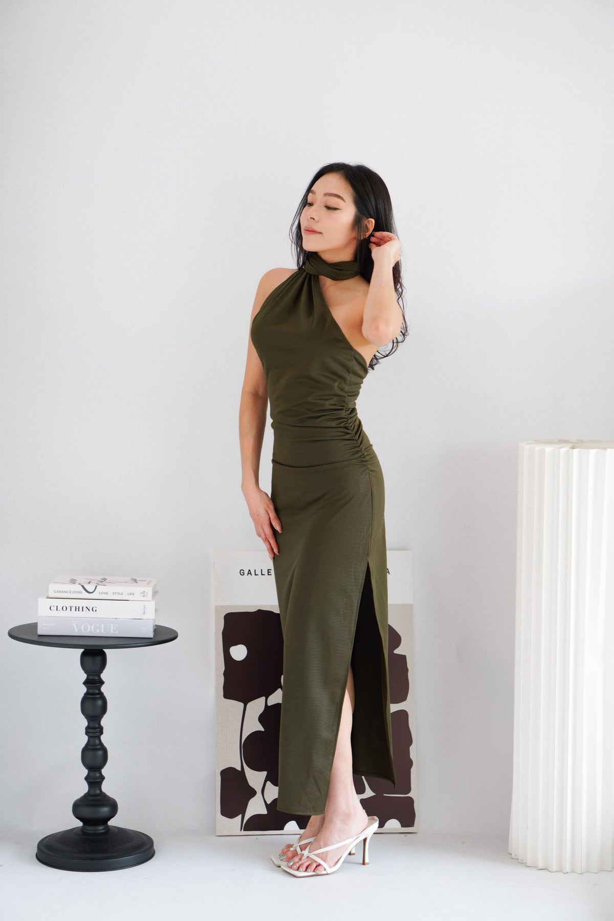 Halsie Toga Tie Neck Maxi Dress with Sash in Dark Green