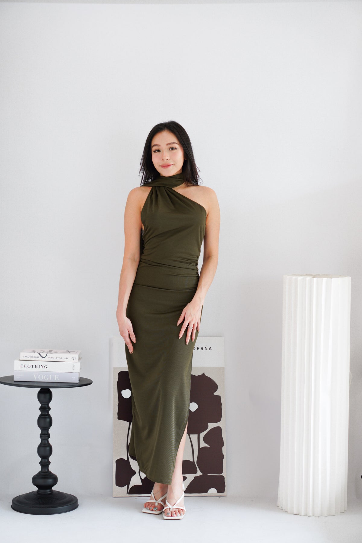 Halsie Toga Tie Neck Maxi Dress with Sash in Dark Green