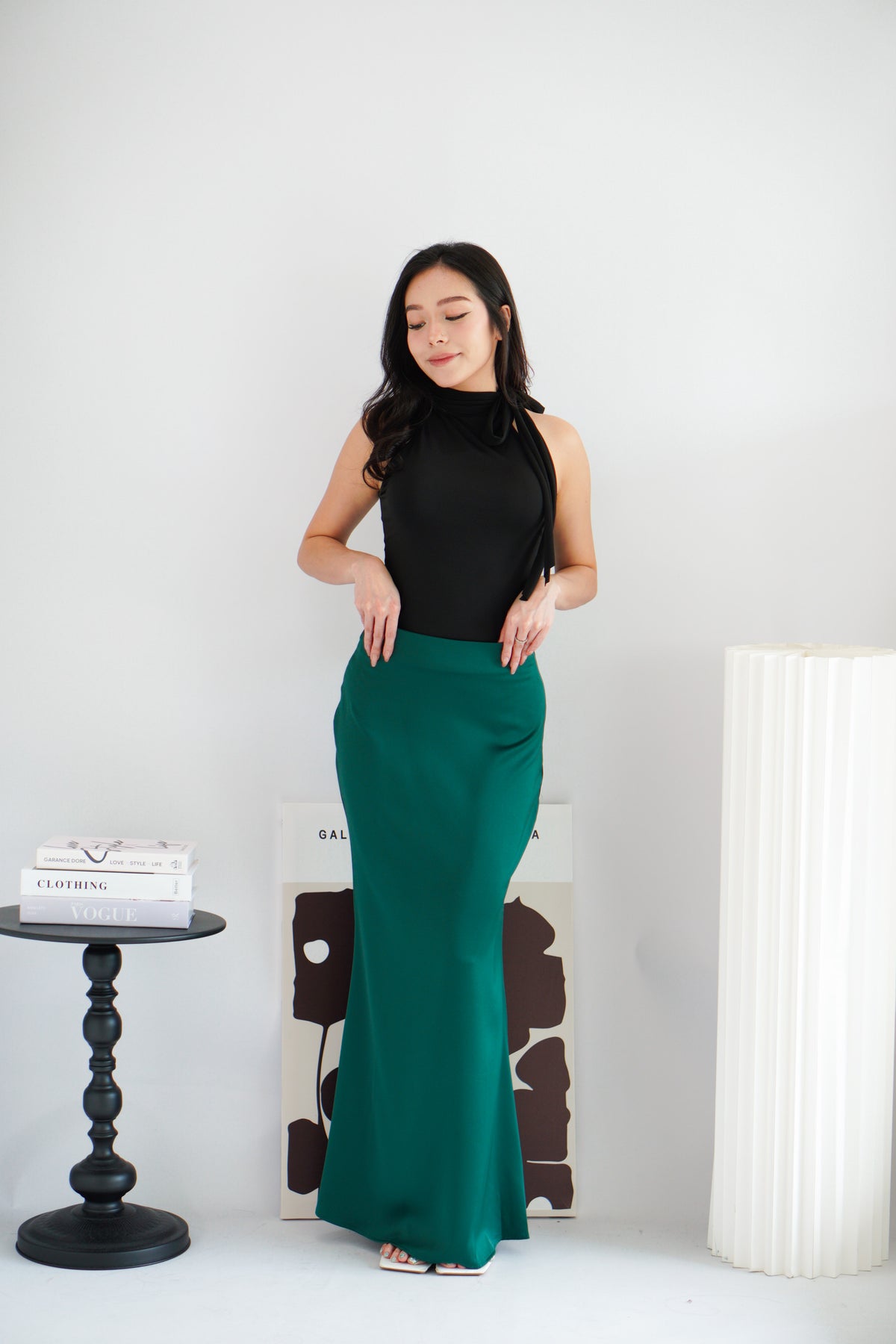 Cira Satin Maxi Skirt in Dark Green