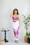 Freesia Floral Printed Maxi Tube Bodycon Dress in White Purple