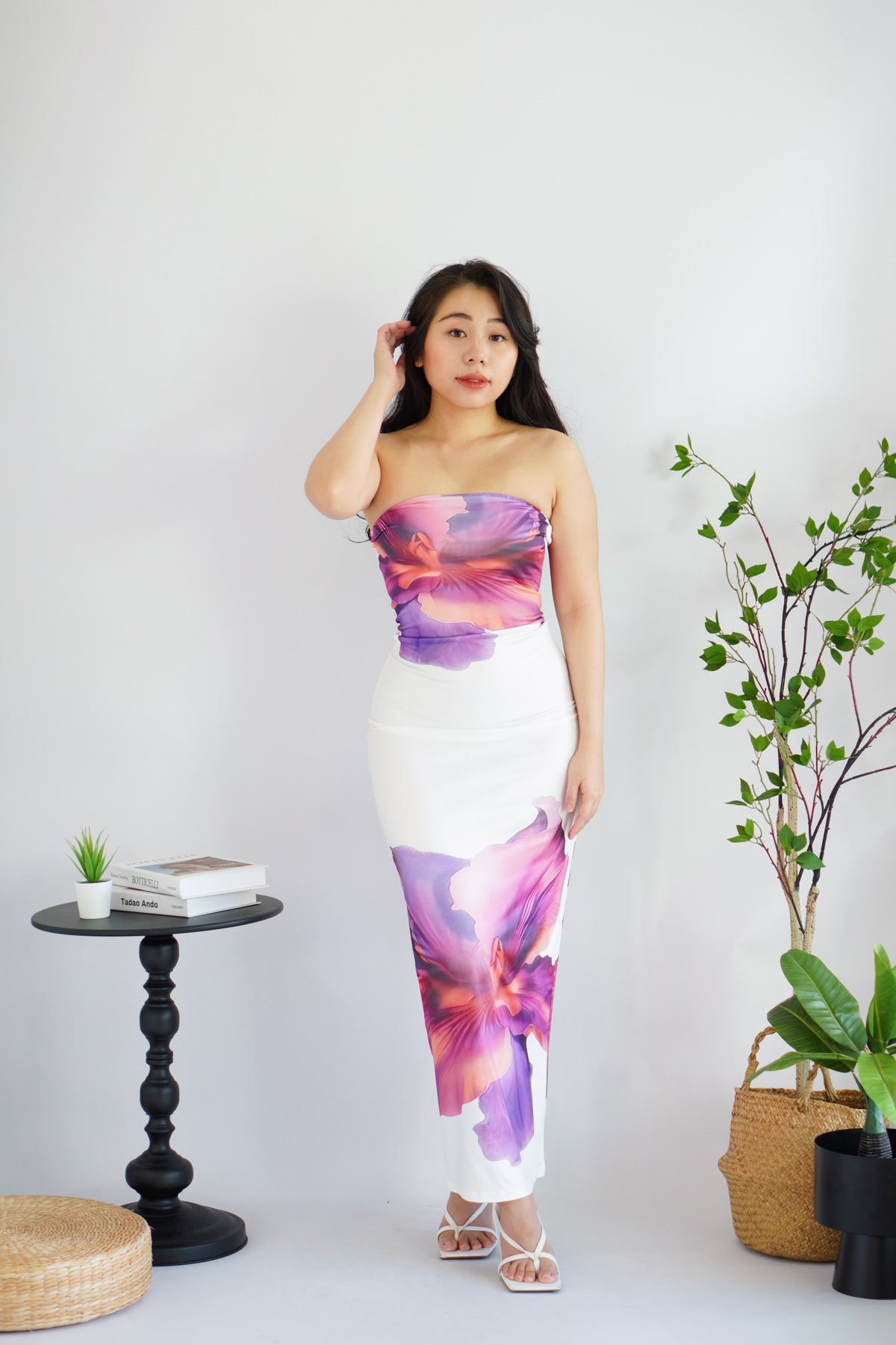 Freesia Floral Printed Maxi Tube Bodycon Dress in White Purple