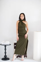 Halsie Toga Tie Neck Maxi Dress with Sash in Dark Green