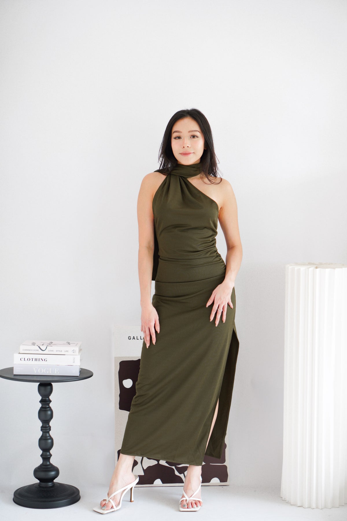 Halsie Toga Tie Neck Maxi Dress with Sash in Dark Green