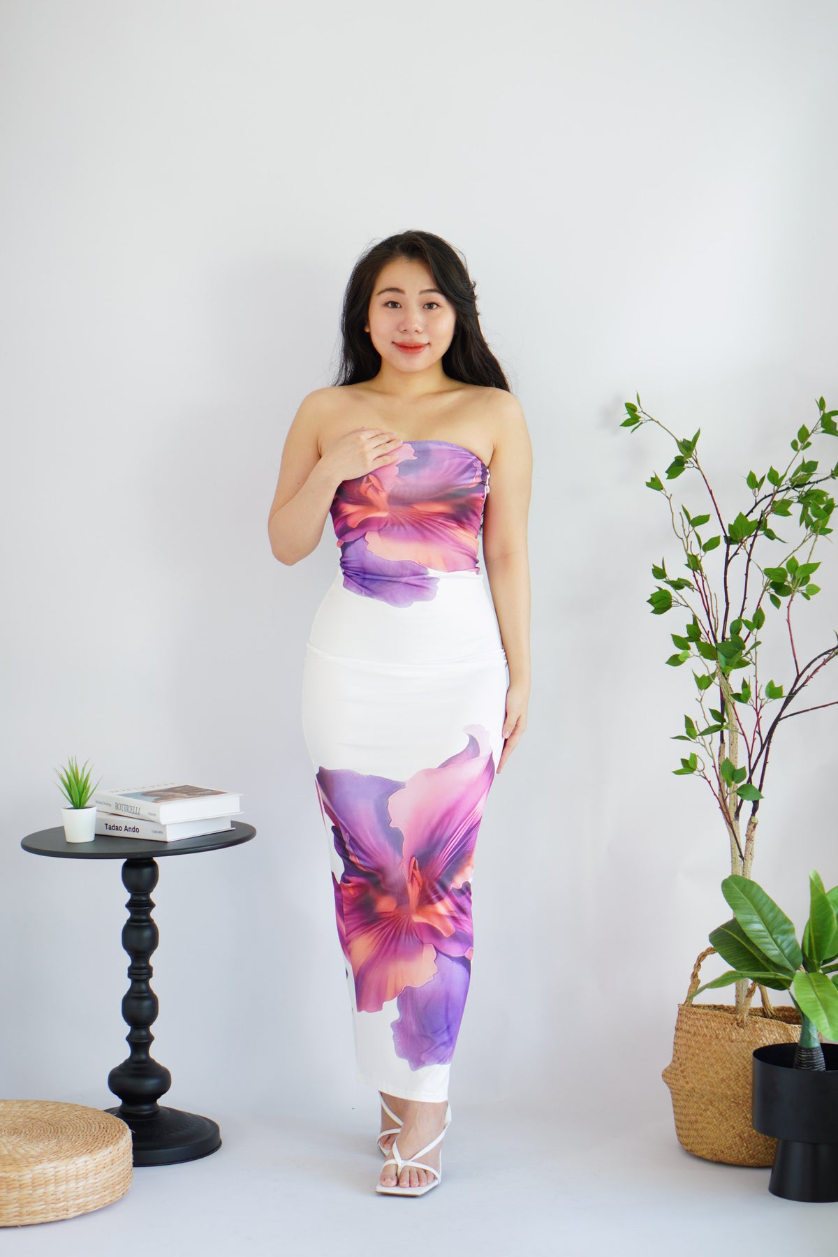 Freesia Floral Printed Maxi Tube Bodycon Dress in White Purple