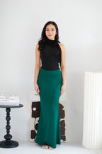 Cira Satin Maxi Skirt in Dark Green