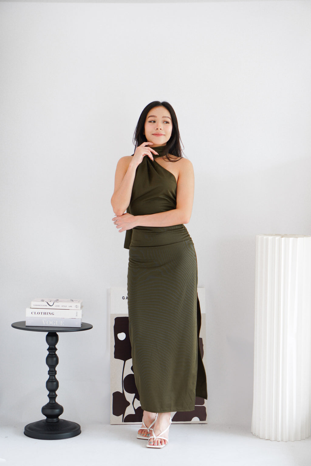 Halsie Toga Tie Neck Maxi Dress with Sash in Dark Green