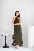 Halsie Toga Tie Neck Maxi Dress with Sash in Dark Green