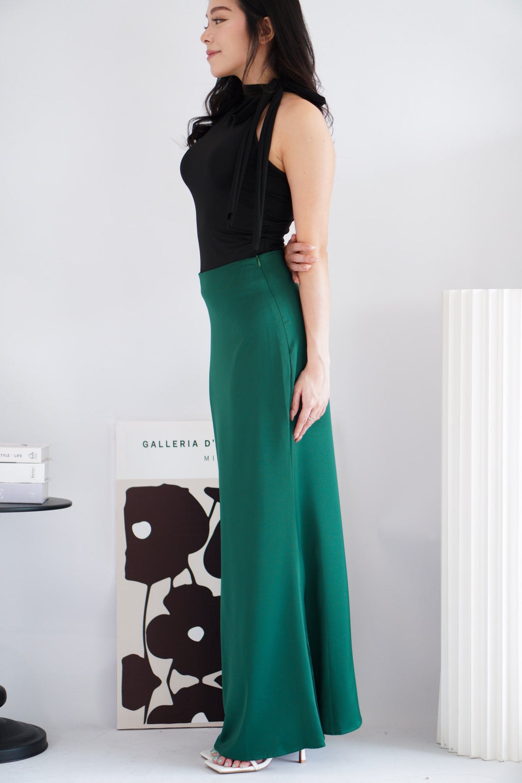 Cira Satin Maxi Skirt in Dark Green