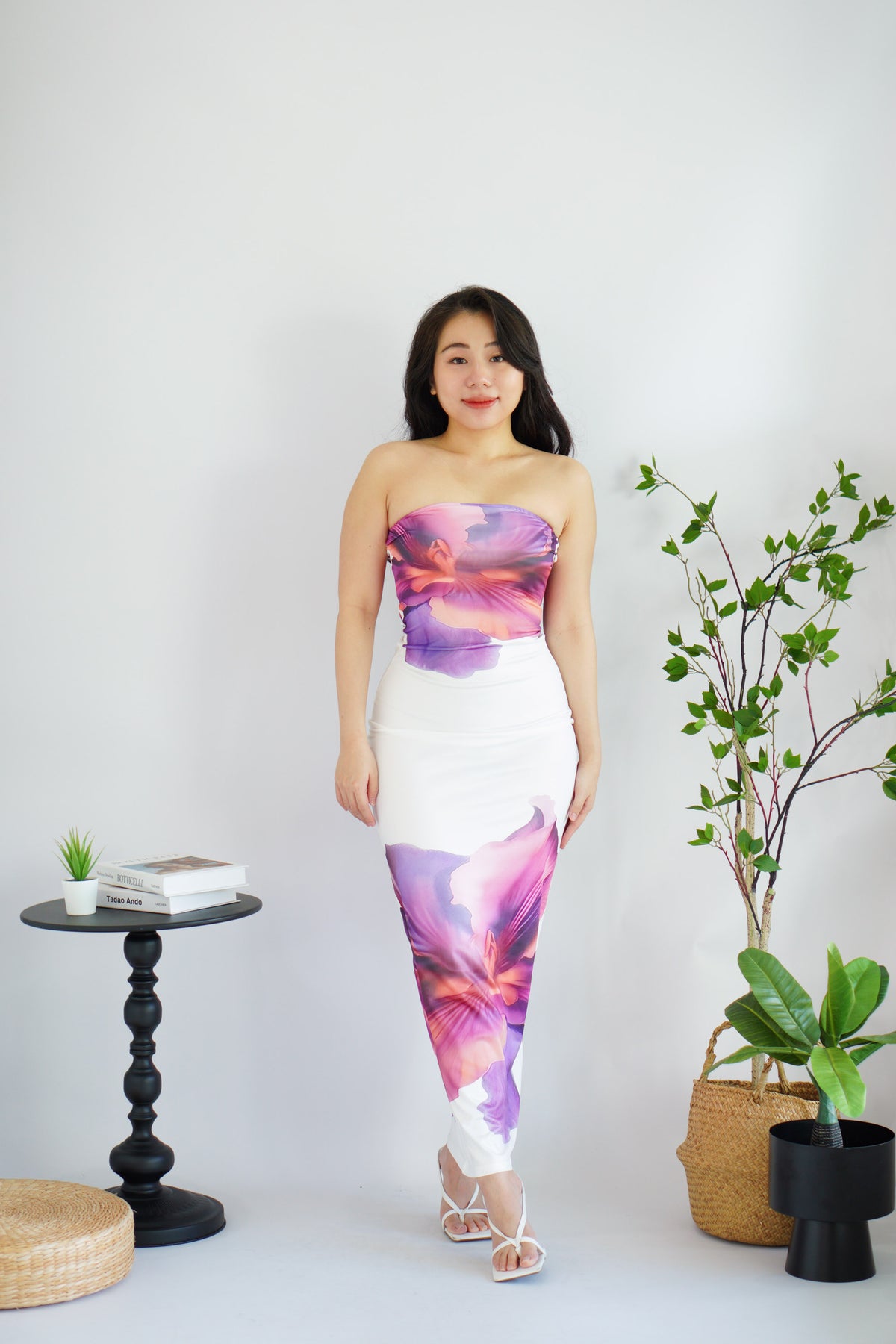 Freesia Floral Printed Maxi Tube Bodycon Dress in White Purple