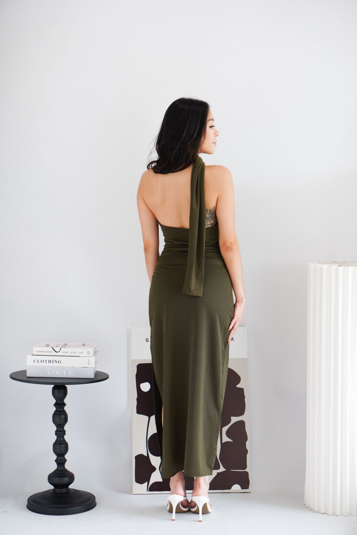 Halsie Toga Tie Neck Maxi Dress with Sash in Dark Green