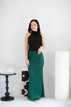 Cira Satin Maxi Skirt in Dark Green