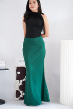 Cira Satin Maxi Skirt in Dark Green