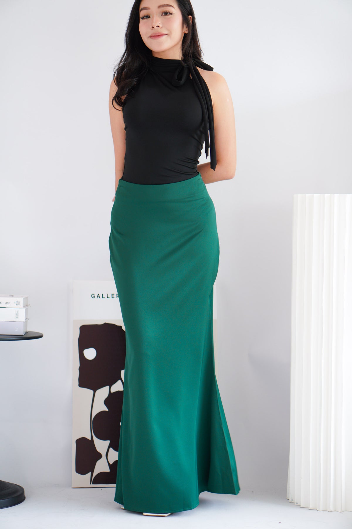 Cira Satin Maxi Skirt in Dark Green