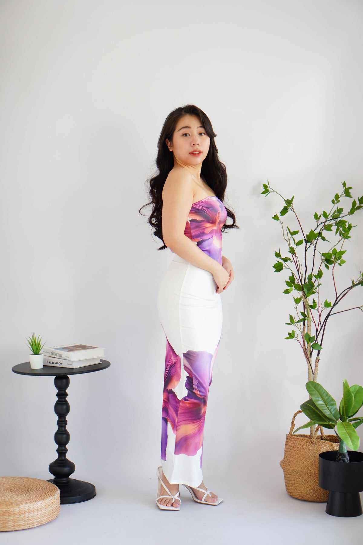 Freesia Floral Printed Maxi Tube Bodycon Dress in White Purple