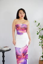 Freesia Floral Printed Maxi Tube Bodycon Dress in White Purple